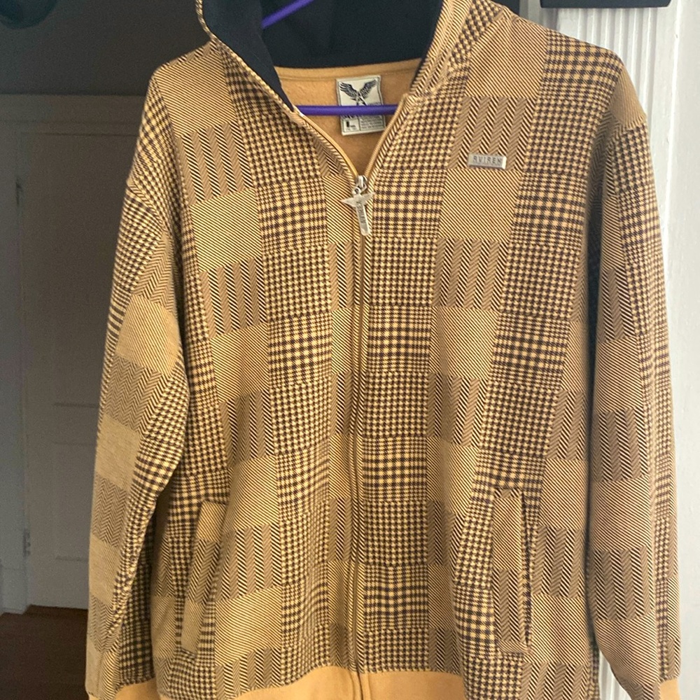 Avirex Full Zip Hoodie Black Tan Geometric 1975 Size Large Vintage Y2K Skater